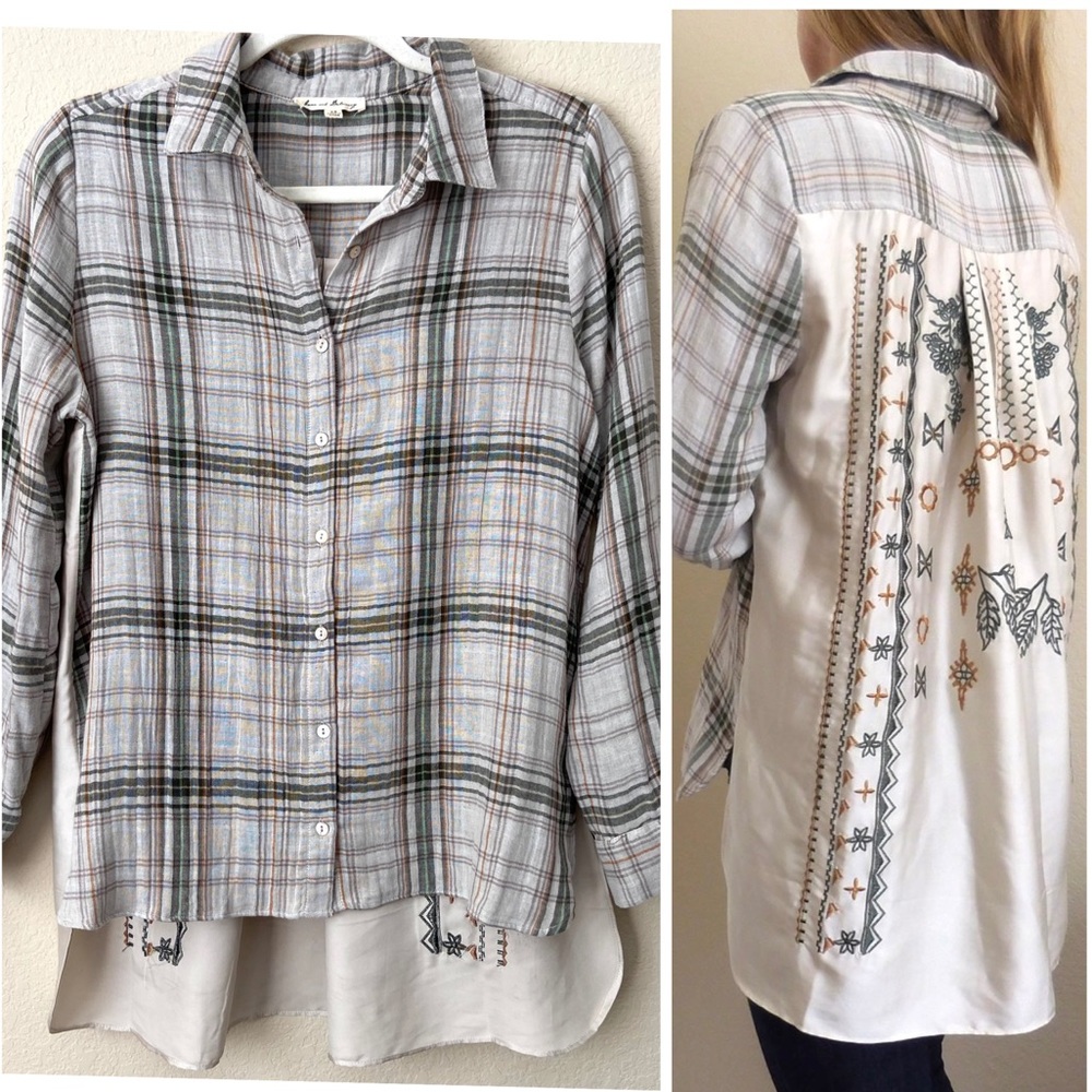 Jane and Delancey Embroidered Back Plaid Button Up Top High Low